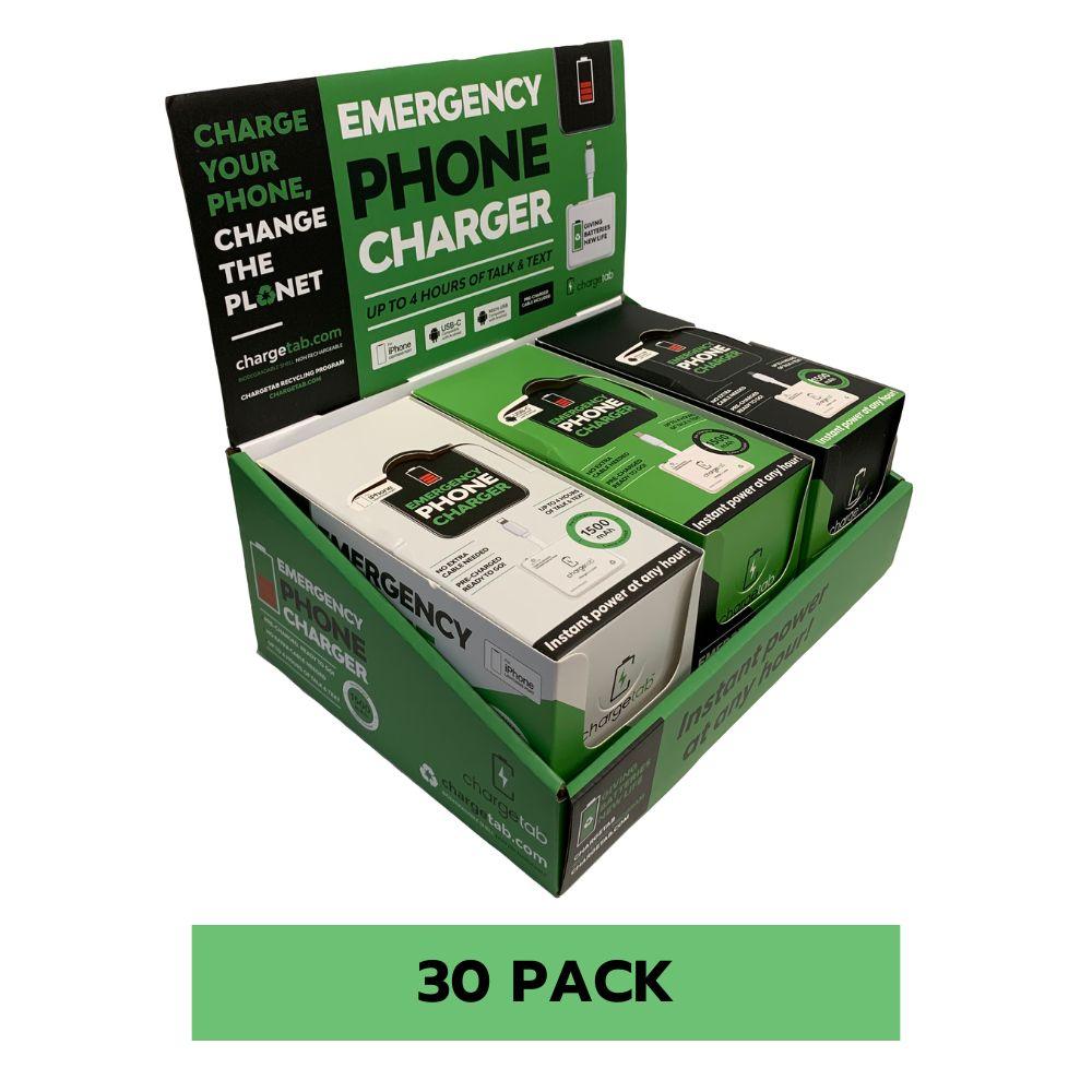 Emergency Phone Battery Charger - 30 Pack with Display - Chargetab